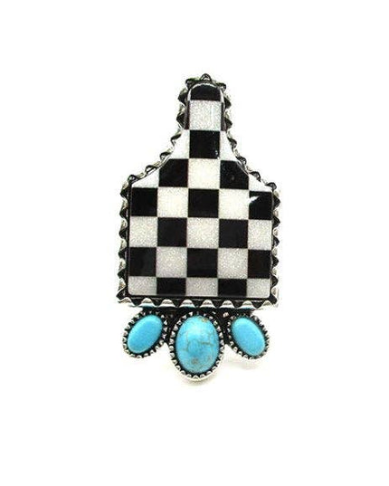 Western Checkered Cattle Tag Cuff Ring