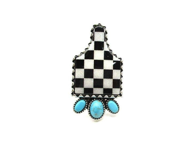 Western Checkered Cattle Tag Cuff Ring
