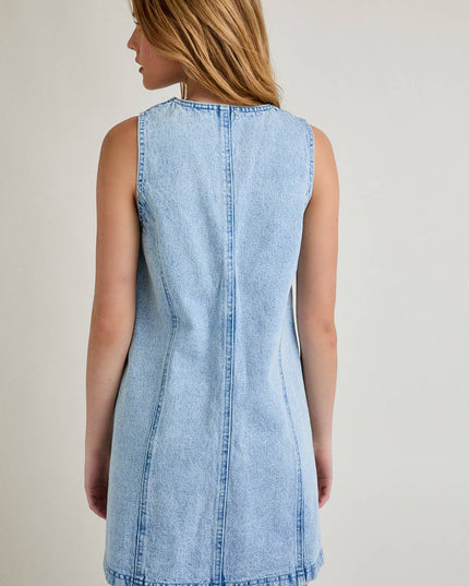 SLEEVELESS V-NECK BUTTON DOWN DENIM MINI DRESS