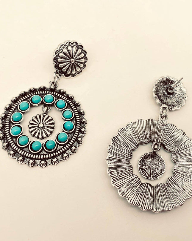 Turquoise Round Hollow Post Earrings - WJ