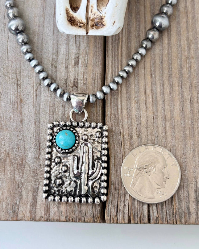 Western Cactus Turquoise Stone Navajo Pearl Pendant Necklace