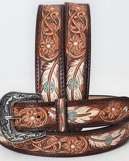 LC-ADBLF209 Tooled Leather Western Belt with White Feathers, Turquoise Accents & Floral Design