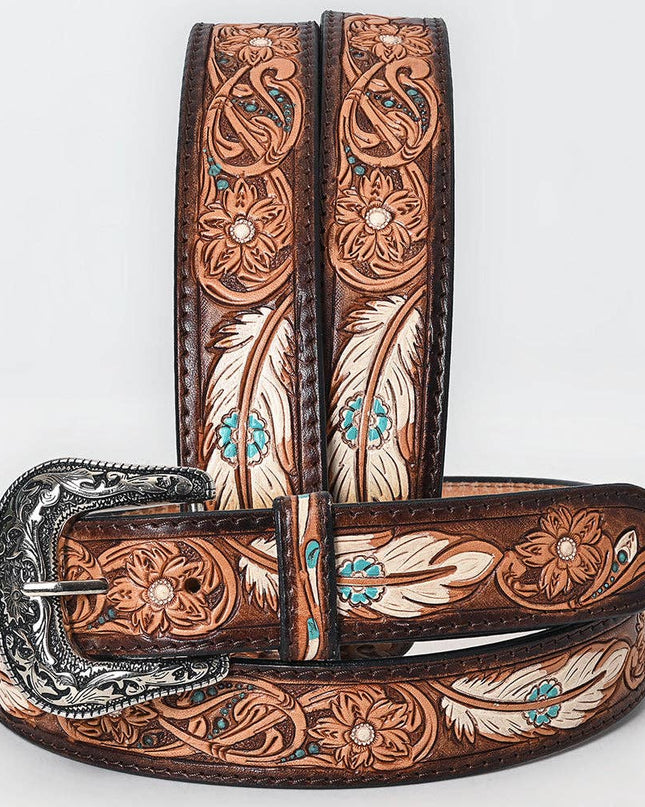 LC-ADBLF209 Tooled Leather Western Belt with White Feathers, Turquoise Accents & Floral Design