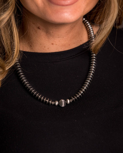 18" Silver Disc Beaded Necklace w/ Melon Accent