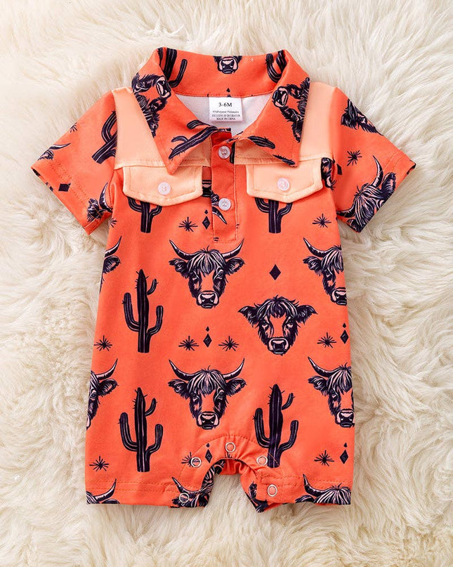 Orange Highland cow printed baby romper. RPB50727 SOL