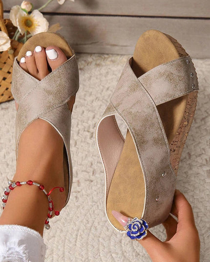 Criss Cross Cut Out PU Leather Wedge Slippers