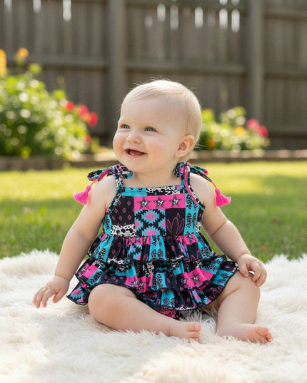 Black, fuchsia & turquoise aztec printed baby bodysuit. RPG60806 JEAN