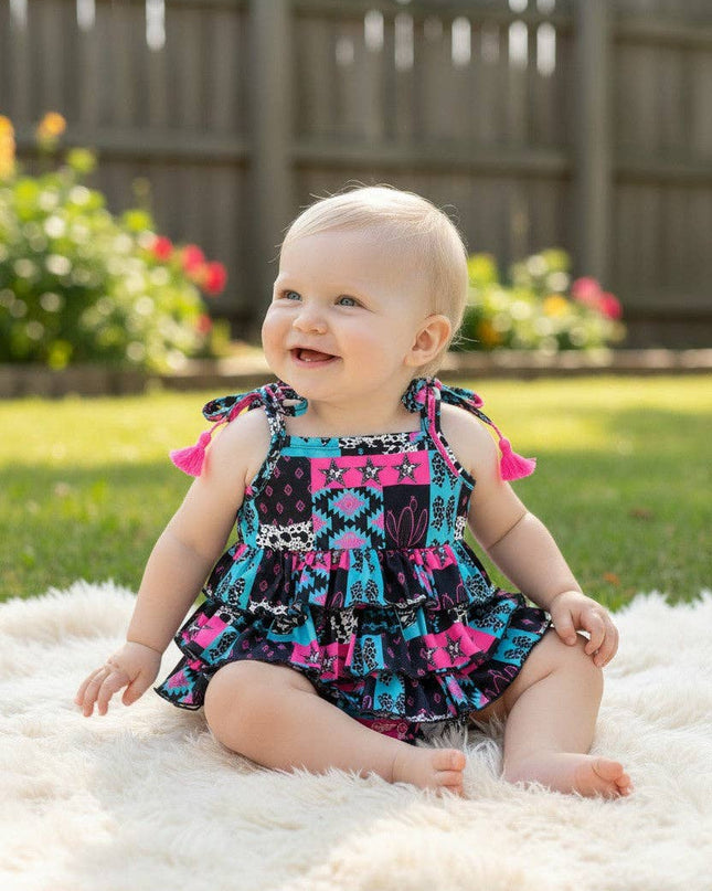 Black, fuchsia & turquoise aztec printed baby bodysuit. RPG60806 JEAN