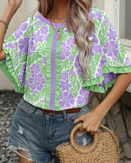 Sky Blue Floral Ruffle Sleeve Boho Blouse