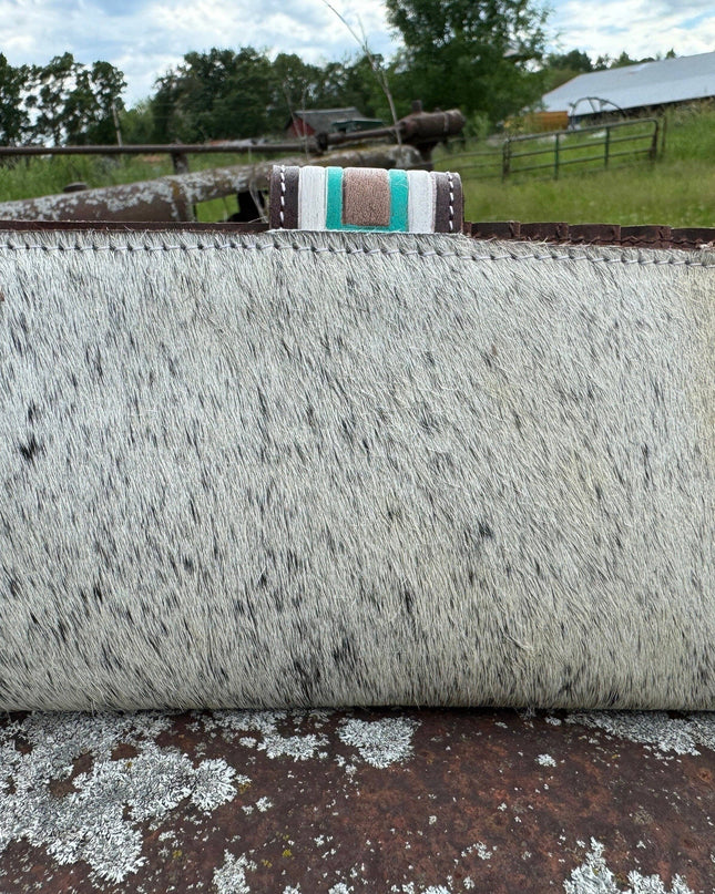 Genuine Western Cowhide Leather Purse and Wallet with jagged painted details and black fringe.