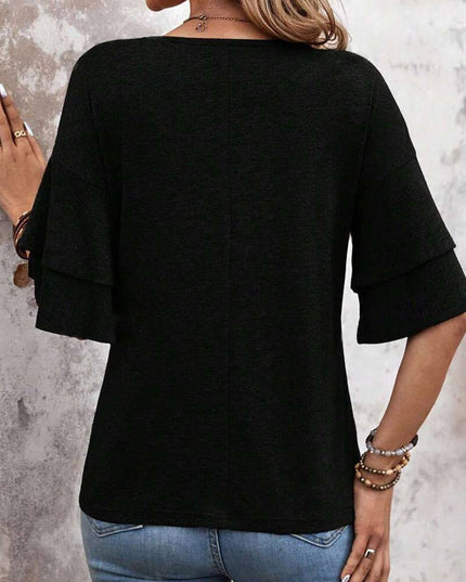 Solid Colour V-Neck Double Layer Sleeve Loose T-Shirt