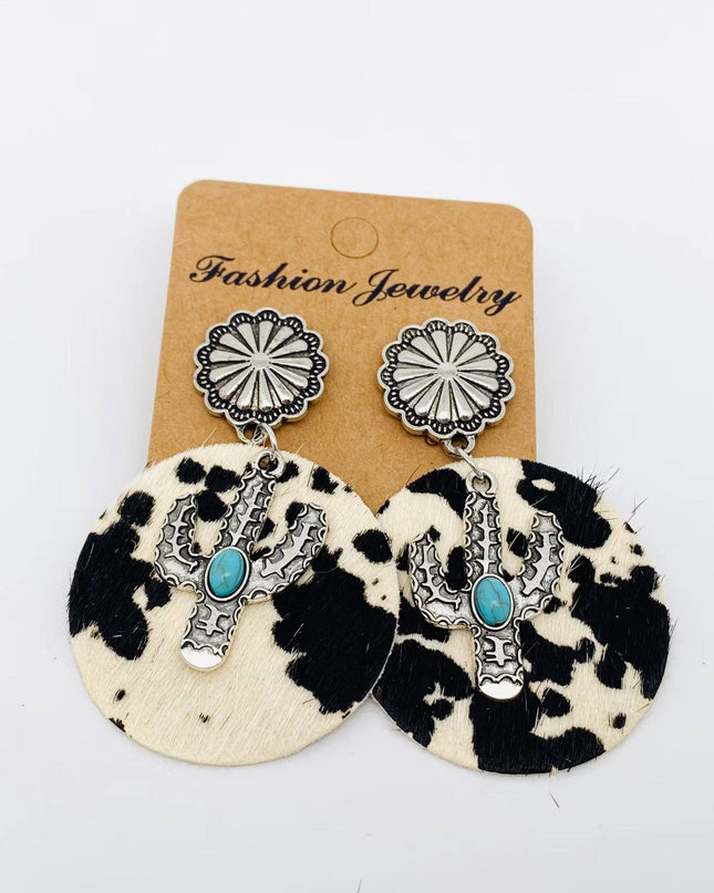 Western Style Cactus Animal Skin Double Charm Earrings - WJ