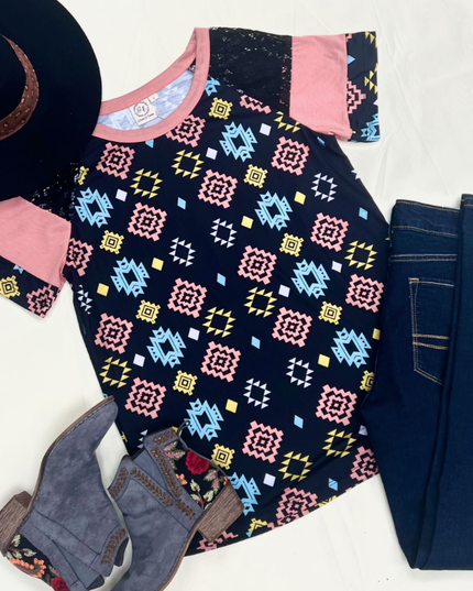 Mint, Pink & Mustard Aztec Lace Top
