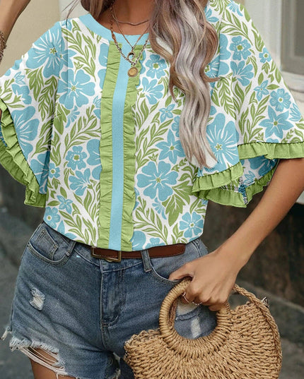 Sky Blue Floral Ruffle Sleeve Boho Blouse