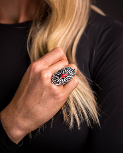 Adjustable Oval Concho Ring with Red Accent..