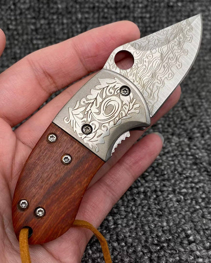 Wooden Handle Patterned Stainless Steel Foldable Knife
