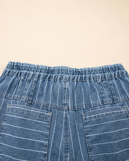 Stripe Button Pleated Drawstring Waist Casual Wide Leg Jeans
