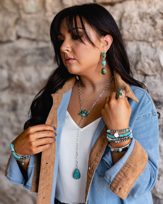 3" Burnished Silver Turquoise and Green 3 Tier Post Earrings
