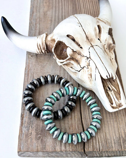 Western Style Flat Navajo Pearl & Turquoise Stretch Bracelet