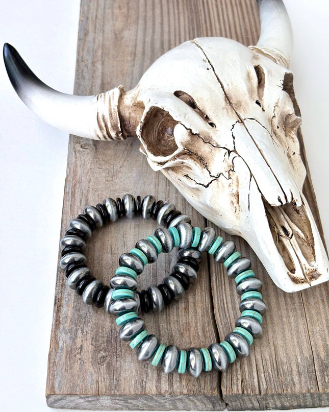 Western Style Flat Navajo Pearl & Turquoise Stretch Bracelet