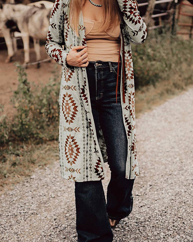 Brown Western Aztec Printed Open Front Long Cardigan