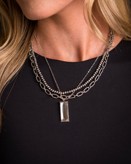 Silver Multi Layered Necklace with Rhinestone Bar Pendant