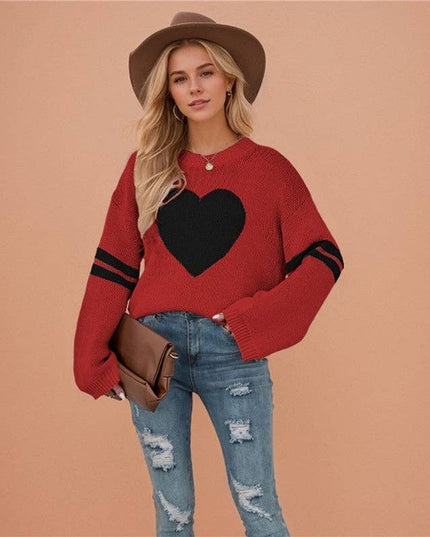 Loose-Fitting Color-Block Love Heart Round Neck Sweater