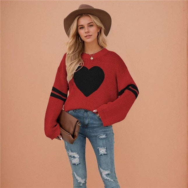 Loose-Fitting Color-Block Love Heart Round Neck Sweater