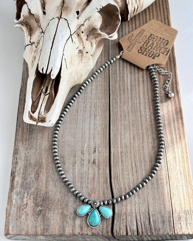 Western Turquoise Stone Pendant Navajo Pearl Choker Necklace