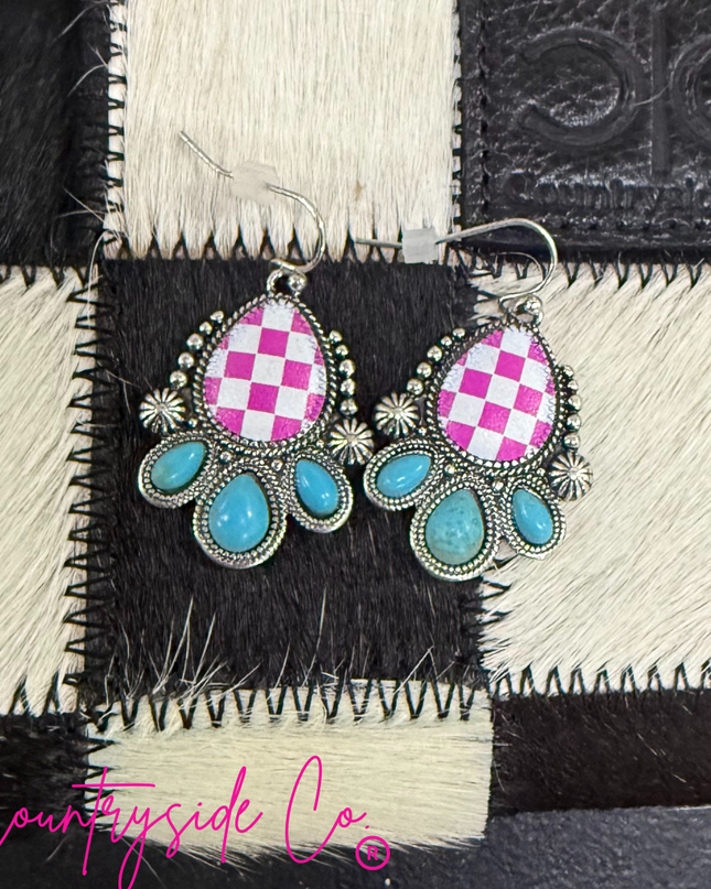 Punchy Western Pink Checkered Dangle Earrings
