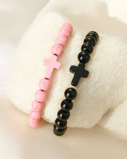 Crackled Stone Stretch Cross Bracelets in Pink or Black