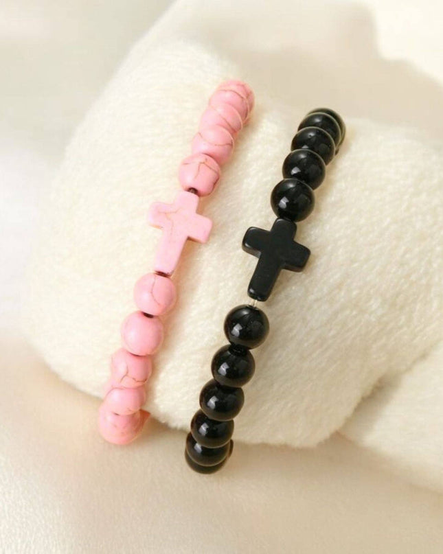 Crackled Stone Stretch Cross Bracelets in Pink or Black