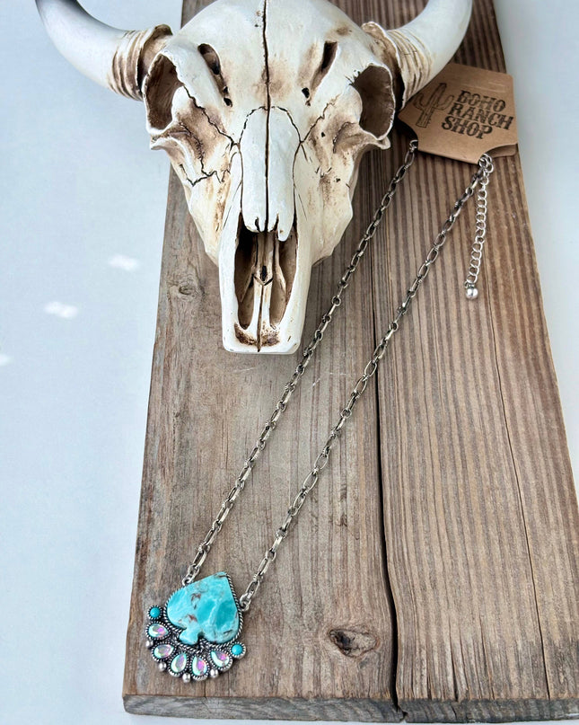 Checker Spade Turquoise Stone Rhinestone Pendant Necklace - Checkered