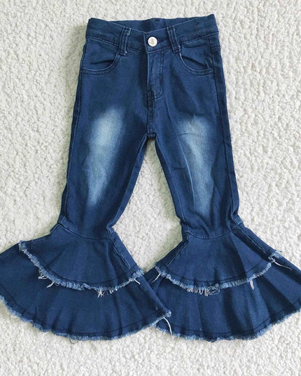 Baby girls navy blue bleached double ruffle denim pants jean