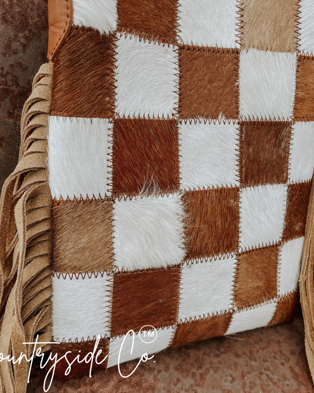 Stockdale Checkered Cowhide Fringe Purse, Brown & White