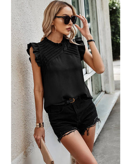 Striped Solid Cap Sleeve Ruffle Neck Tunic Shirts