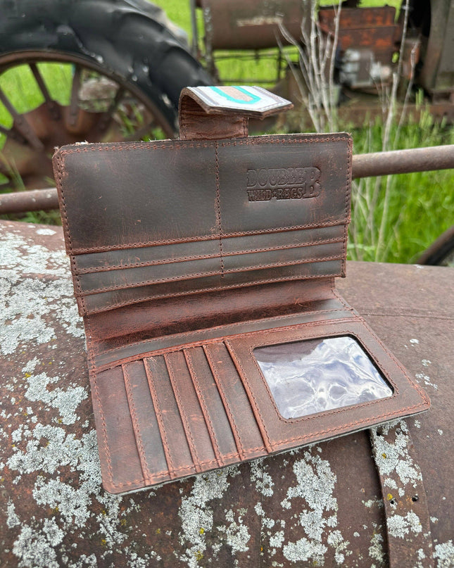 Genuine Western Cowhide Leather Purse and Wallet with jagged painted details and black fringe.