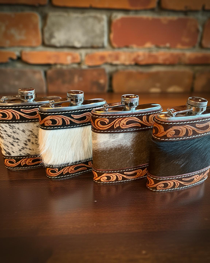 Cowhide Tooled Leather Western Flask