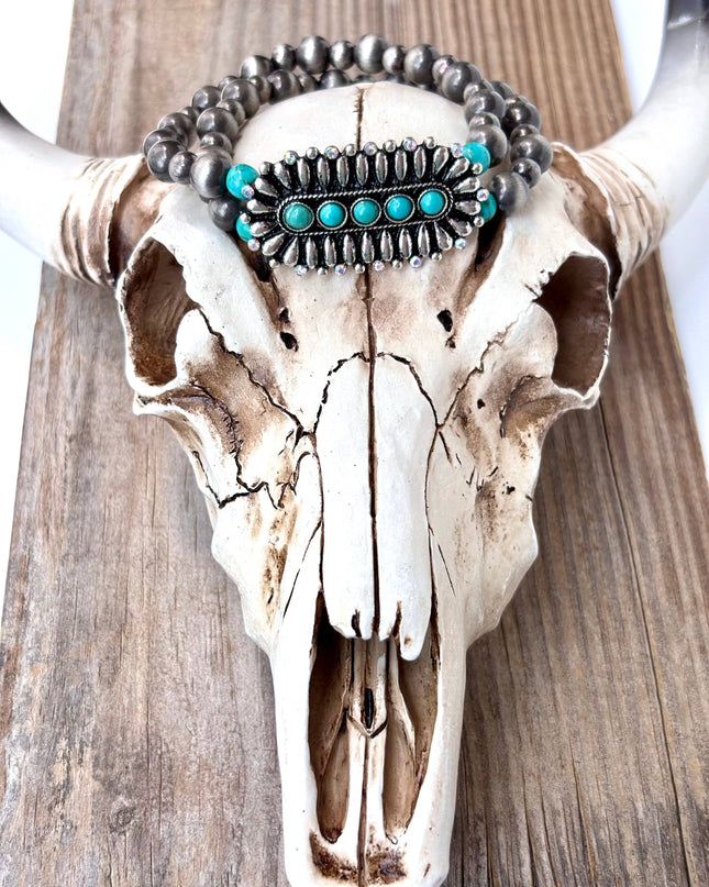 2 Layered Navajo Pearl w/ Stone Western Bar Stretch Bracelet