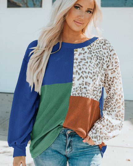 New Colorblock Leopard Print Knitted Long Sleeve Top