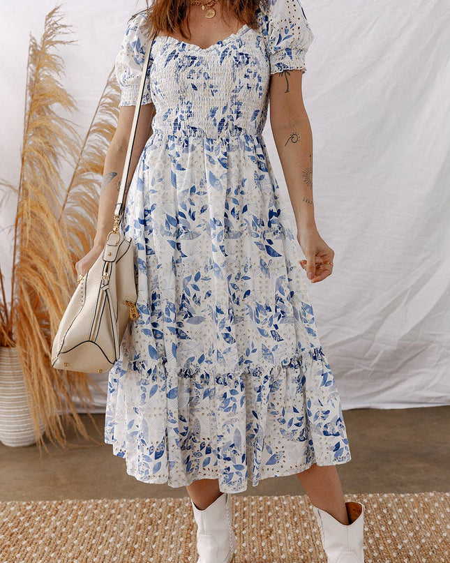 Sky Blue Smocked Bodice Short Puff Sleeve Tiered Floral Midi Dress
