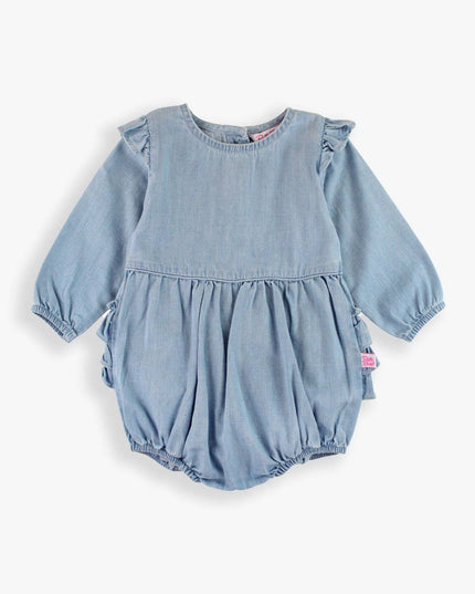 Baby Girls Light Wash Denim Long Sleeve Flutter Bubble Romper