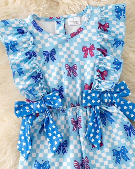 Patriotic bow printed jumpsuit with checker.