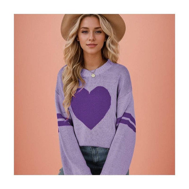 Loose-Fitting Color-Block Love Heart Round Neck Sweater
