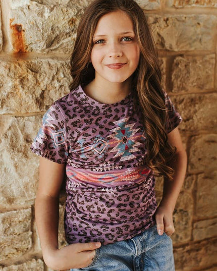 Girls Aztec Leopard Printed Short Sleeve Shirt