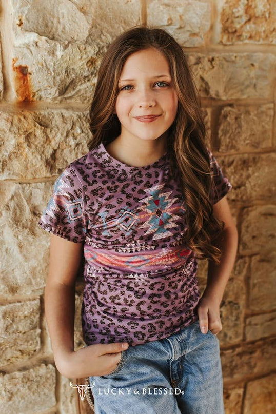 Girls Aztec Leopard Printed Short Sleeve Shirt