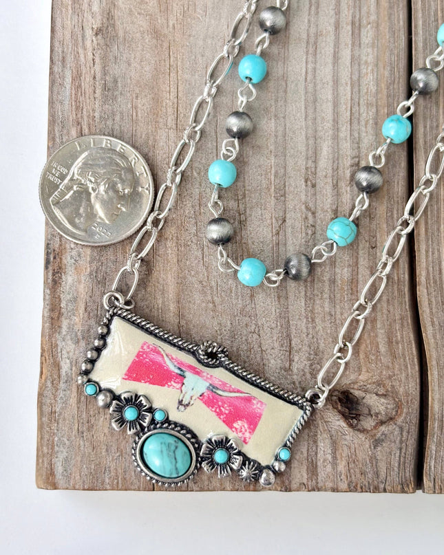 2 Layer Turquoise Stone, Navajo Pearl Pendant Necklace