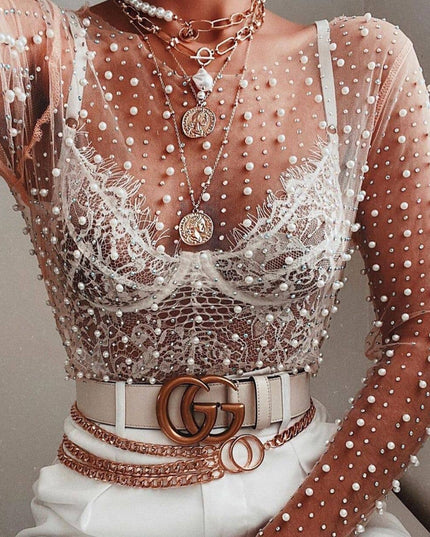 Pearl rhinestone sheer mesh see through top
