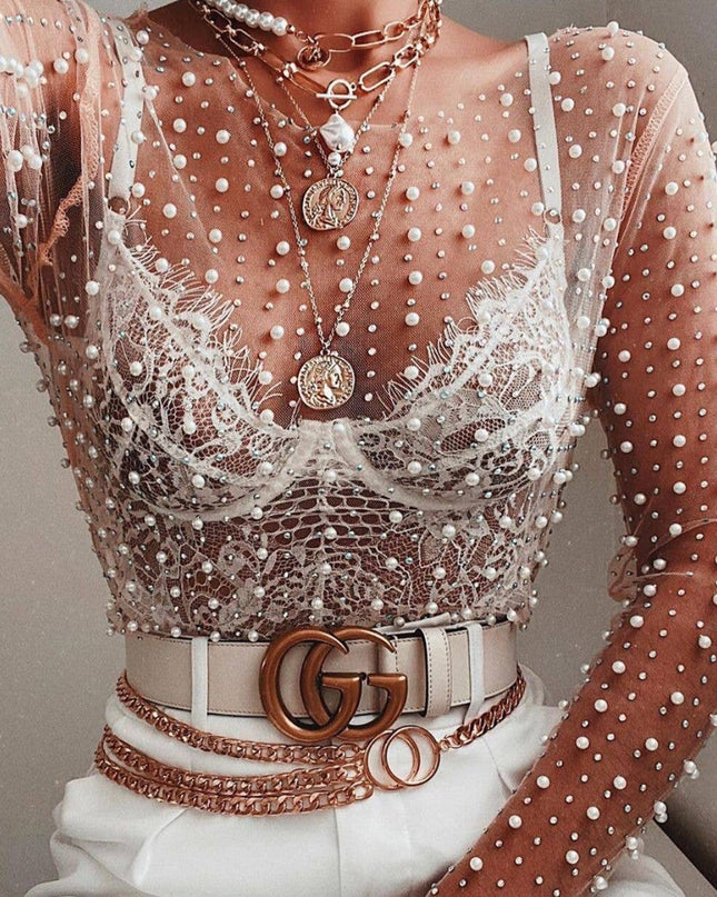 Pearl rhinestone sheer mesh see through top