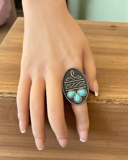 WESTERN BOOT STITCH TQ GEM ACCENT OVAL CUFF RING